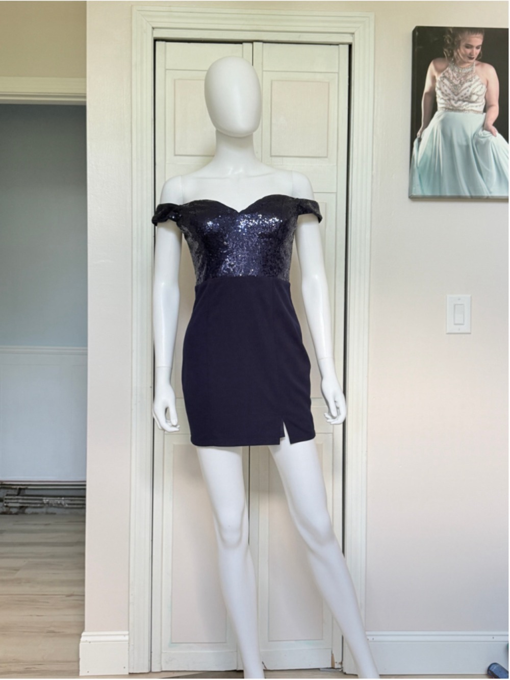 Size Medium Navy Sequin Off the Shoulder Short Dress Bridesmaid Mother’s Cruise